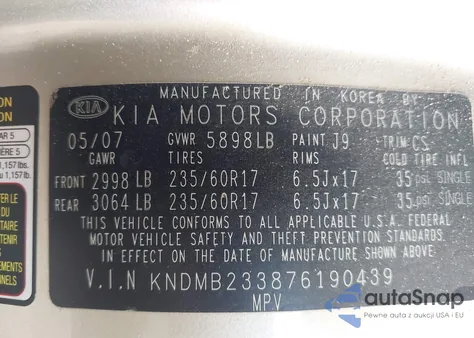 2007 Kia Sedona Ex z USA, uszkodzony, nr VIN KNDMB233876190439